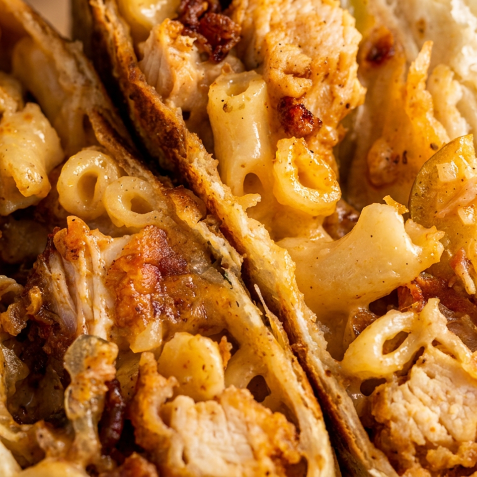 Close-up of a toasted tortilla wrap filled with grilled chicken, macaroni pasta, melted cheese, and crispy bacon.