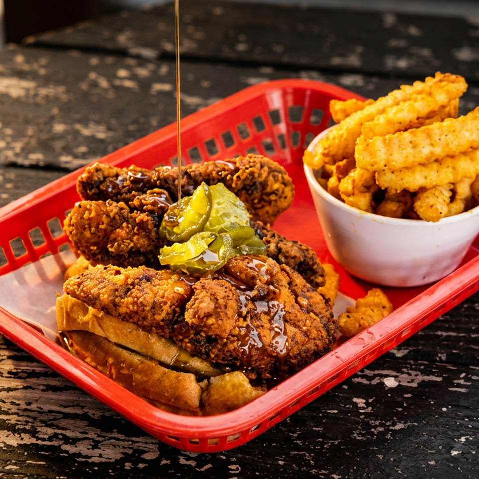Fried chicken sandwich topped with pickles and sauce, served with crinkle-cut fries in a red basket on a rustic table.