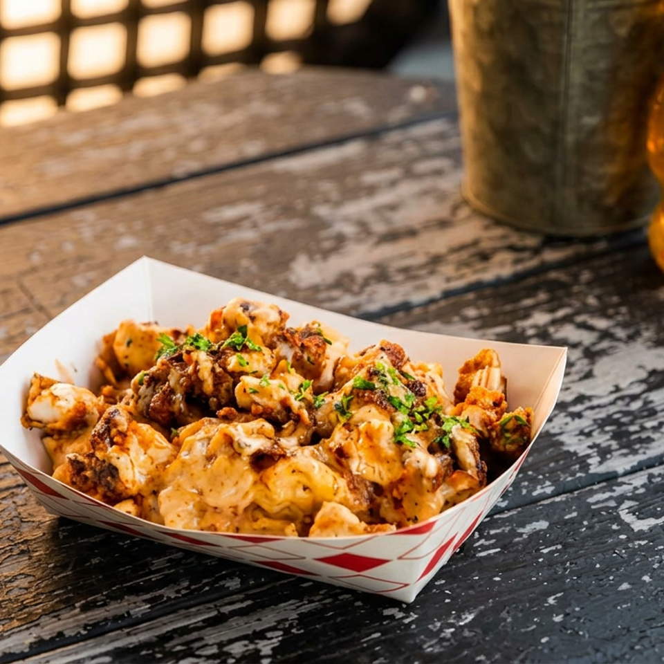 Saucy fried chicken pieces garnished with herbs in a paper food tray on a rustic wooden table, beside a honey bottle.