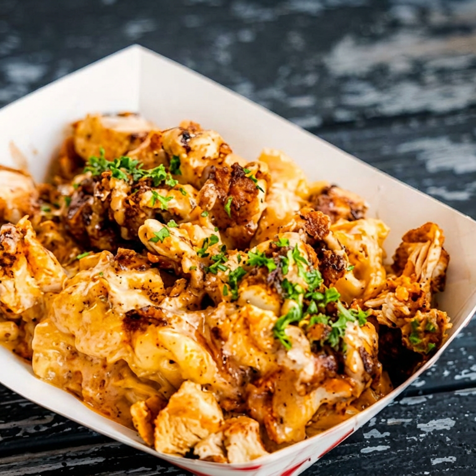 Loaded fries topped with grilled chicken, creamy orange sauce, crispy onions, and chopped parsley in a paper food tray.