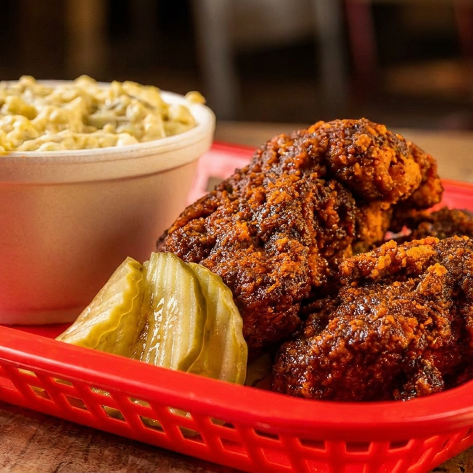 Crispy fried chicken with pickle slices and creamy macaroni salad served in a red basket on a wooden table.