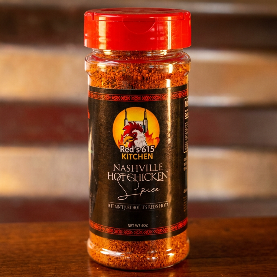 Bottle of Red’s 615 Kitchen Nashville hot chicken spice on a wooden counter.