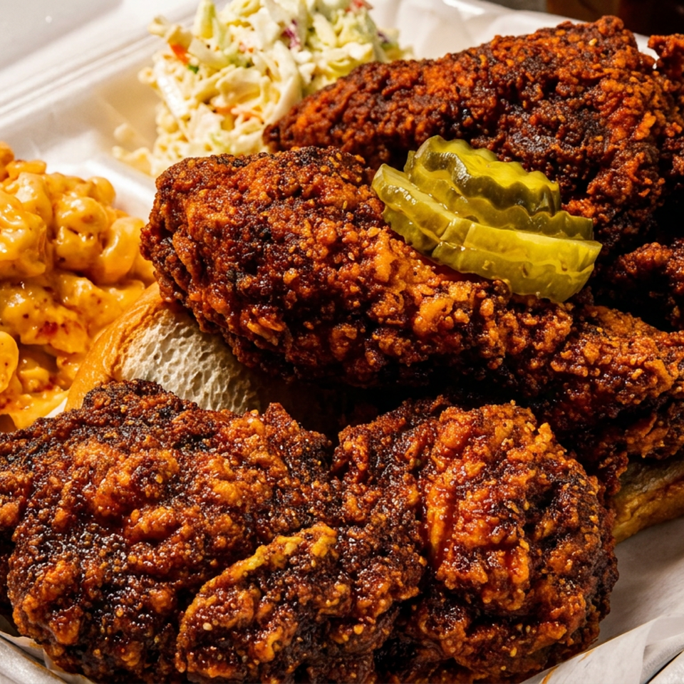 Crispy fried chicken sandwich with pickles, macaroni and cheese, and coleslaw served in a takeout tray.