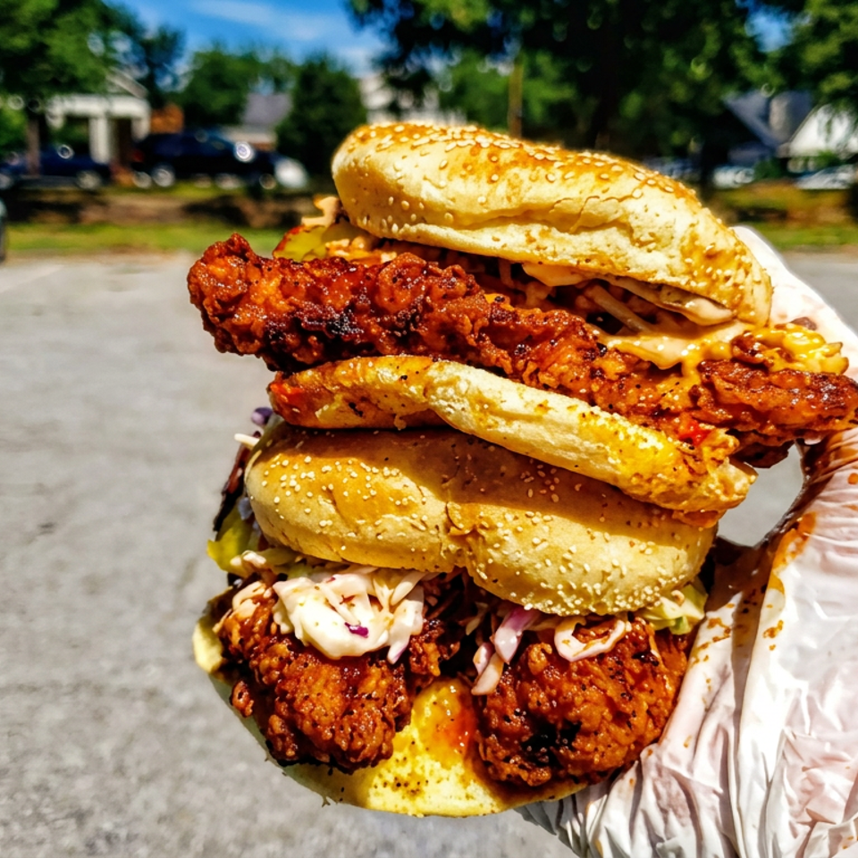 Hand holds an oversized sesame bun sandwich layered with spicy fried chicken, coleslaw, cheese, and sauces in a sunny parking lot.