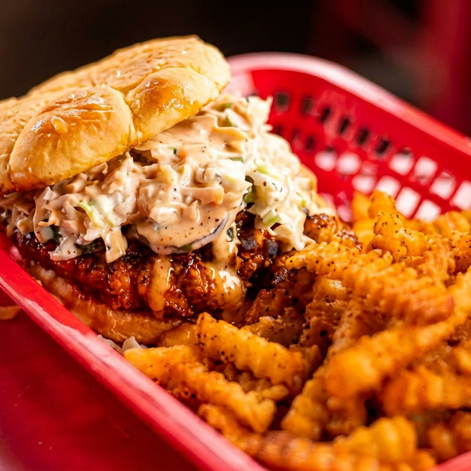 Loaded sandwich topped with creamy slaw and sauce, served with seasoned crinkle-cut fries in a red basket.